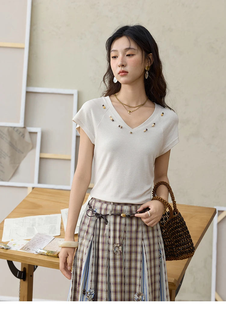 MISHOW Retro Plaid Patchwork Pleats Skirt Summer 2025 Versatile Flowers Slim Skirt A-LINE Skirts Excluding Waist Belt MXE35B0726