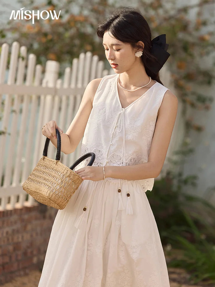 MISHOW 2 Pieces Set Woman Embroidery V-neck Hollow Lace Up Sleeveless Top Summer 2025 Slim Elastic Waist Skirt Set MXE33T0593