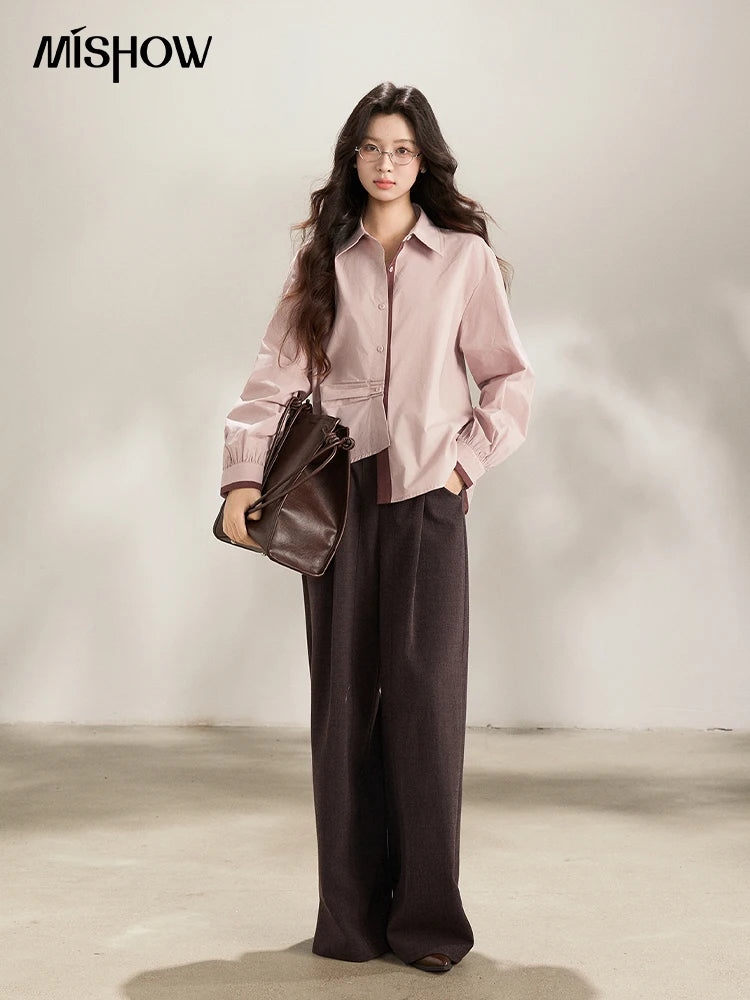 MISHOW Women's French 100 Cotton Contrasting Color Shirts Spring Polo Neck Asymmetrical Casual Commute Loose Shirt MXF13C2435