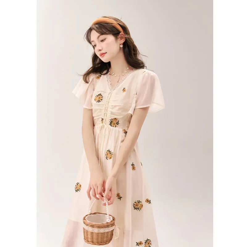 MISHOW [Van Gogh/Sunflower Collection] Embroidered Dress 2023 Summer Sweet Butterfly Sleeve V Neck Lace Splice Dress MXC39L1524