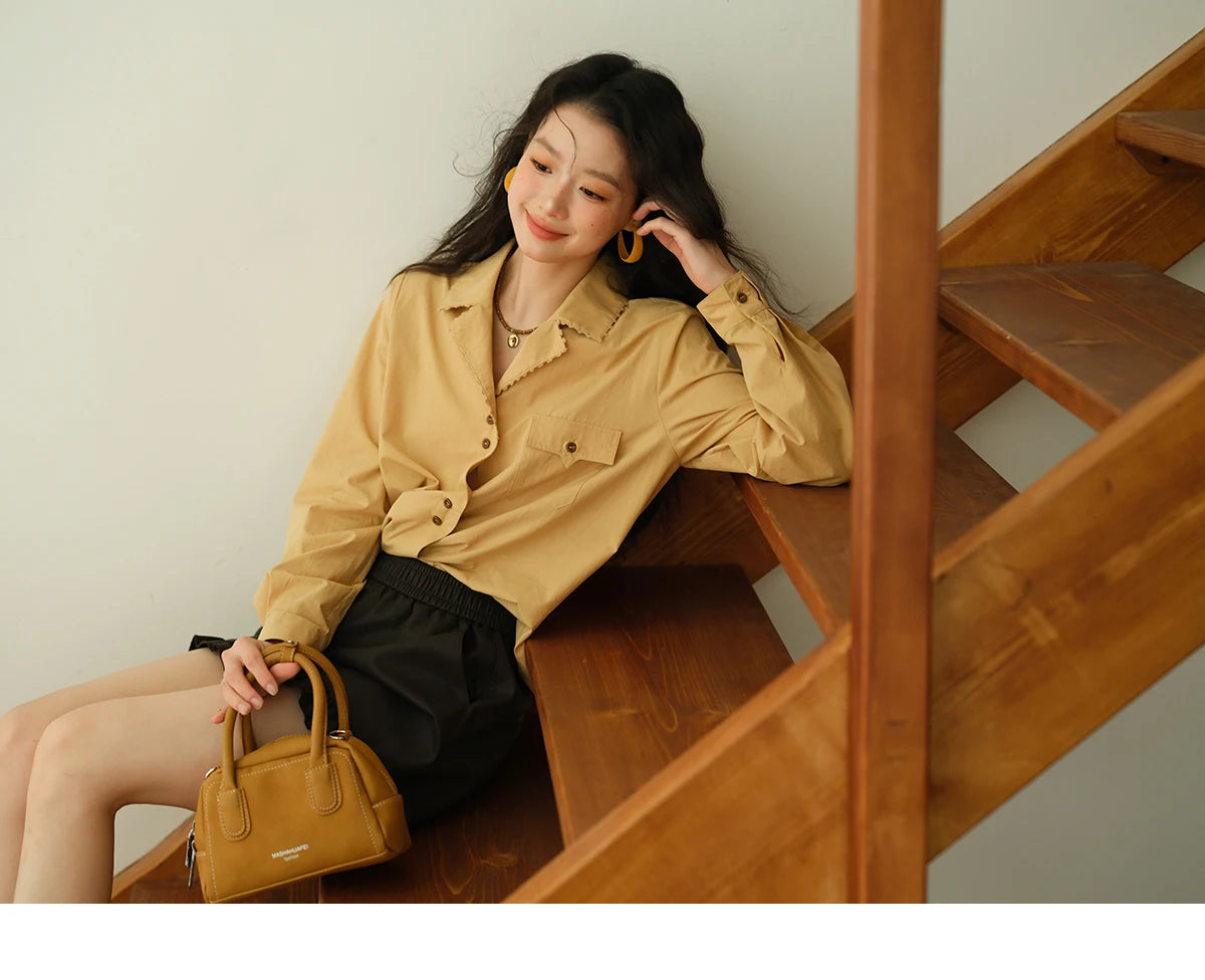 MISHOW Women's Retro Yellow Lapel Cotton Shirt 2025 Autumn Loose Casual Top Contrasting Button with Pocket Shirts MXE41C2356