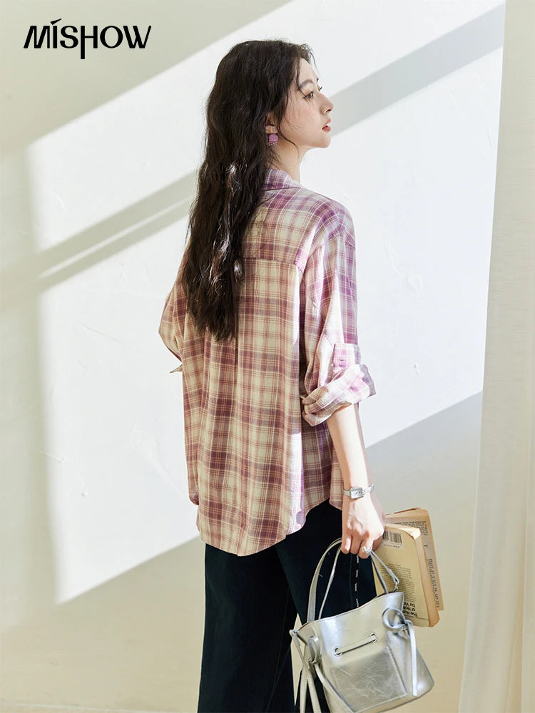 MISHOW Women's 100 Cotton Long-sleeve Purple Plaid Shirt Spring 2025 Loose Pockets Casual Shirts Korean Polo Neck Top MXE14C0417