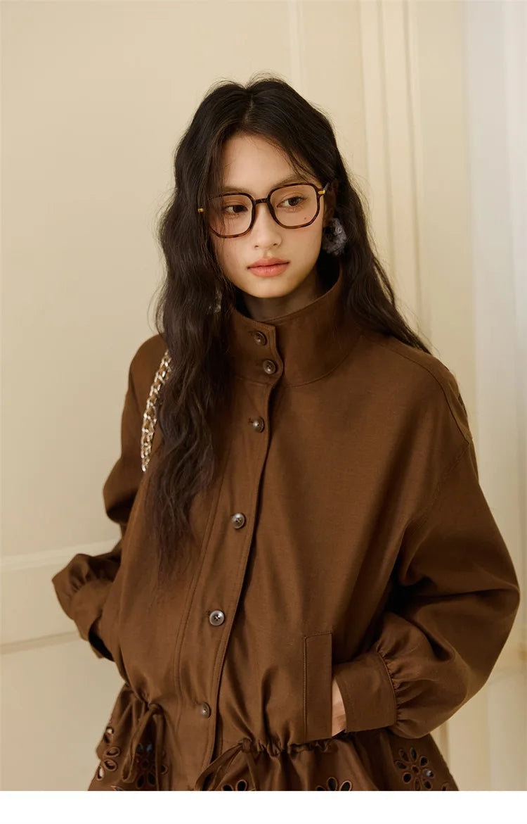 MISHOW Hollow Embroidered Trench for Women Autumn 2025 Drawstring Waist Coffee Jacket Lapel Single Breasted Coat MXE48W0855
