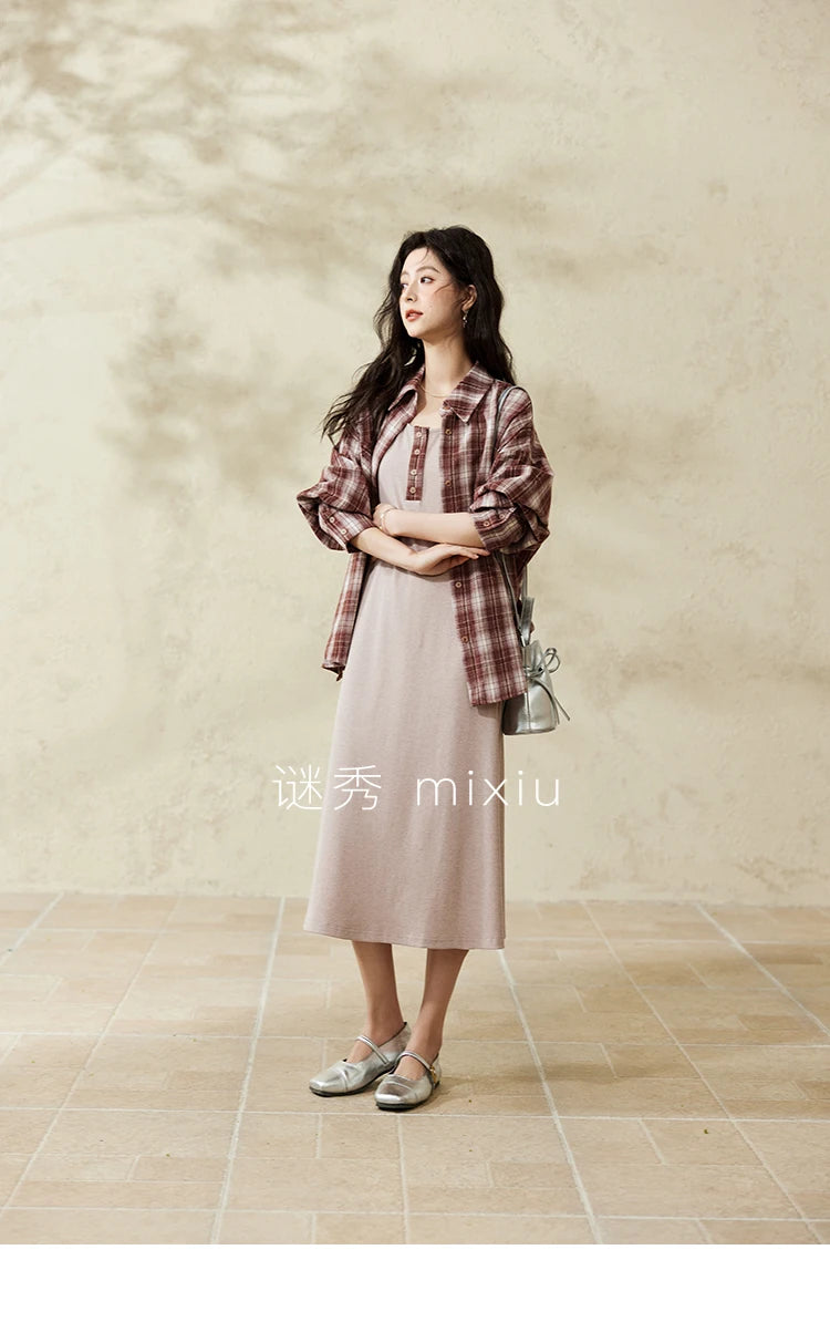 MISHOW Women's Plaid Shirt Grey Vest Dress Separately Spring Lapel Collar Shirt U-neck Sleeveless Dresses (Not A Set) MXE13L2093