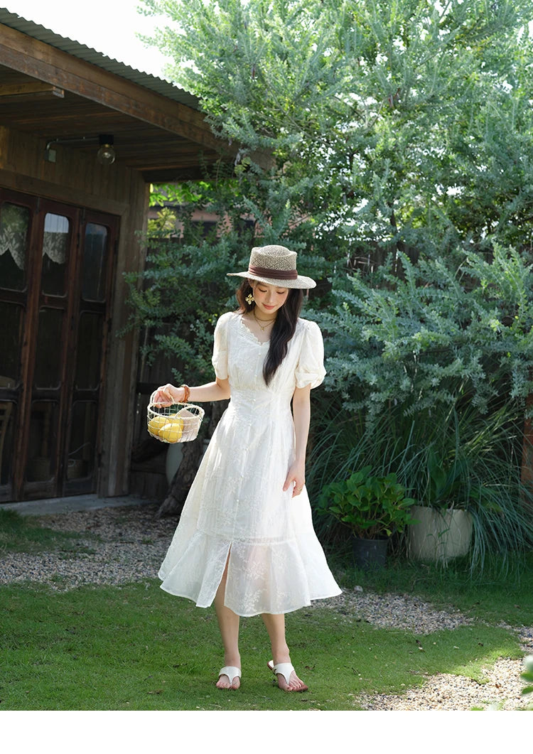 Mishow V-Neck Lace Embroidery Puff Sleeve Dress MXE39L2432