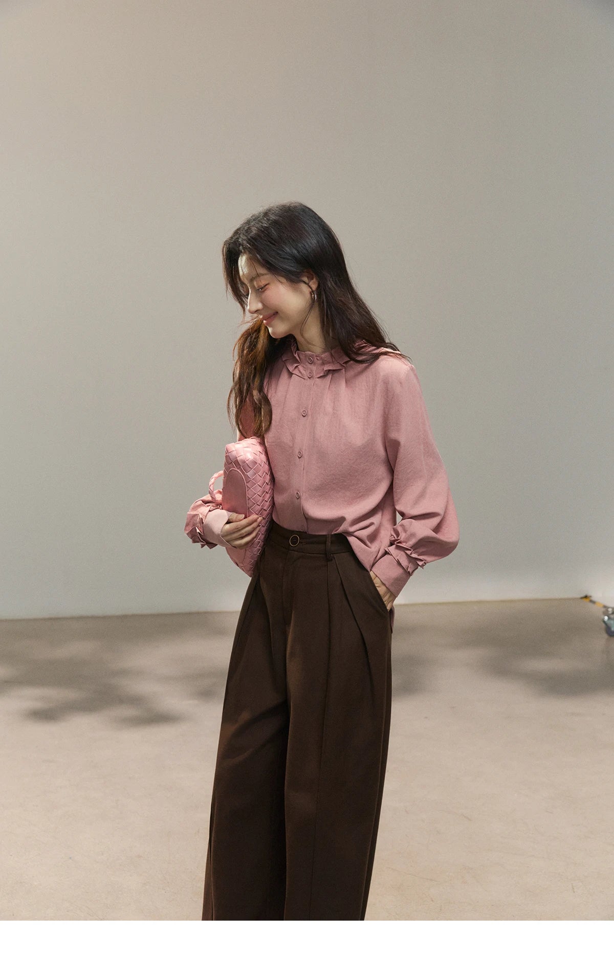 MISHOW Women's Peach Skin Solid Shirt 2026 Spring Ruffled Crew Neck Single-breasted Tops Casual Long Sleeve Shirts MXF11C2431