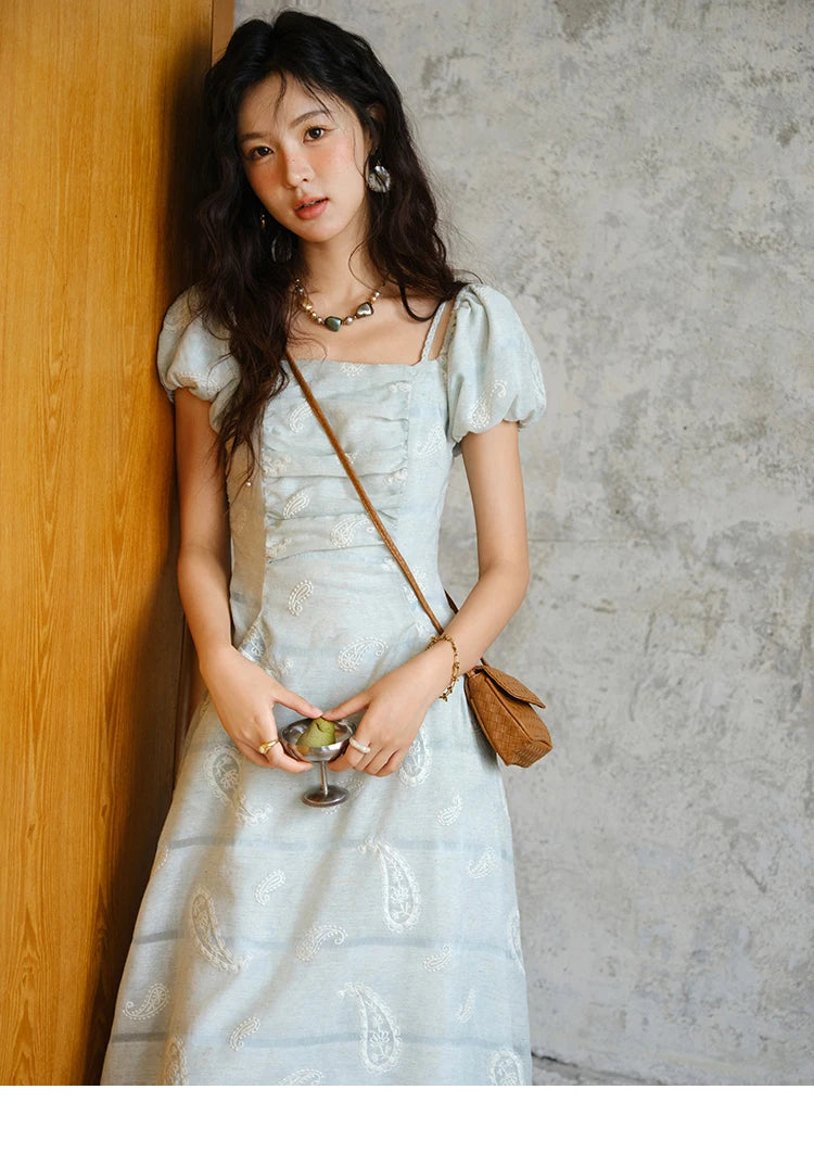 MISHOW Fashion Embroidery A-line Dress for Women 2025 Summer Puff Sleeve Square Neck Vacation Dresses Female Clothing MXE34L2265