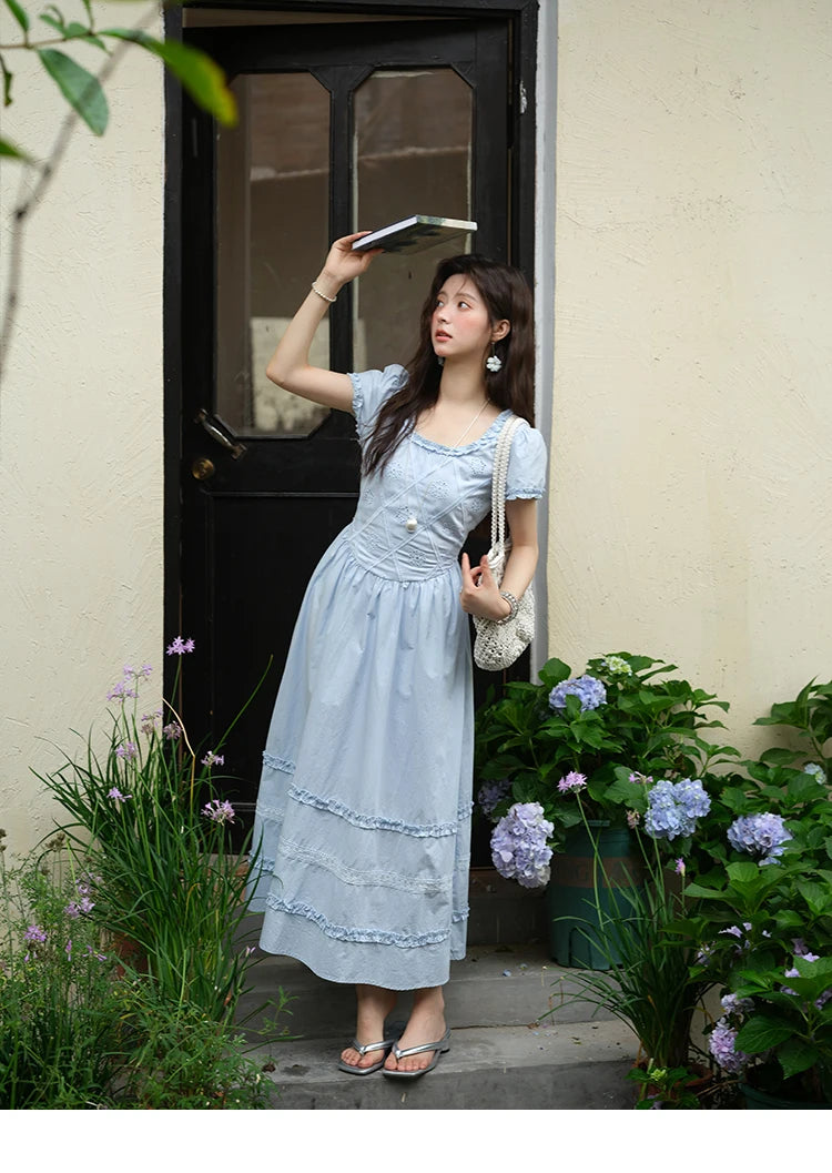 Mishow Blue Lace Mushroom Edge Puff Sleeve Dress MXE38L2348
