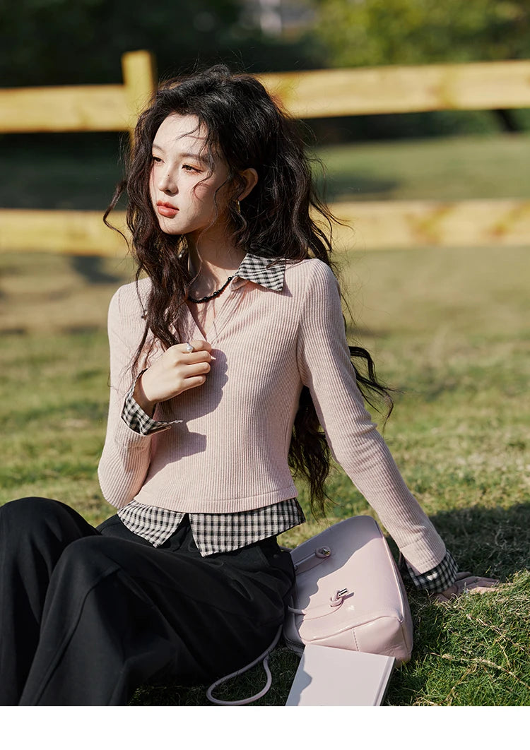 MISHOW Plaid Splicing Fake Two-piece Tops for Women Spring 2025 Contrasting Colors Slim Thin Top V-neck Casual Tees MXE13Z1108