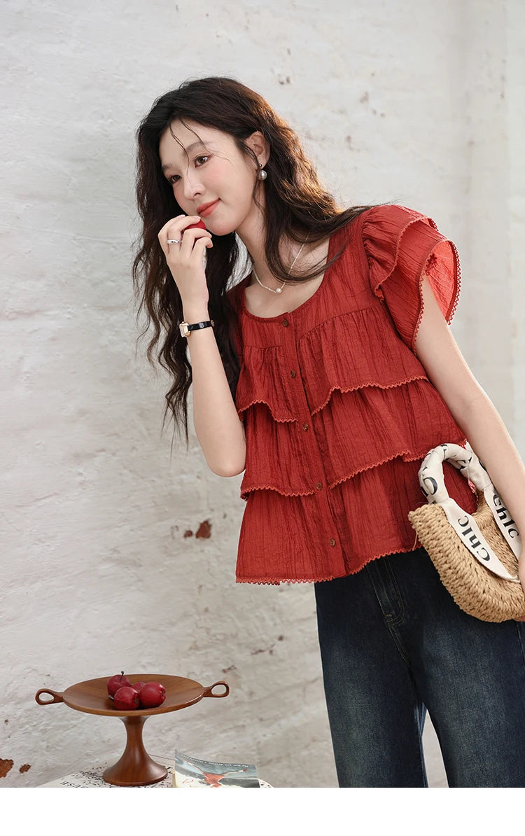 MISHOW Women's French Square Collar Blouses 2024 Summer Retro Red Ruffle Lace Cake Top Puff Sleeve Solid Sweet Blouse MXD30X1488