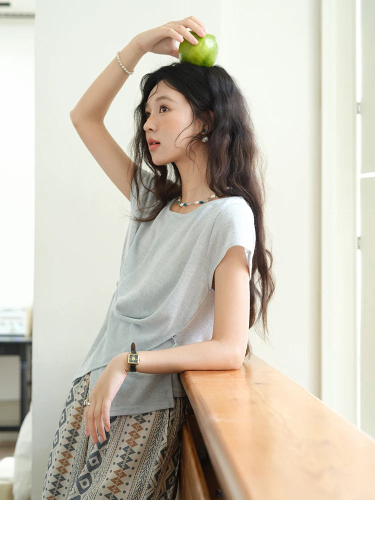 MISHOW Round Neck Knitted T-Shirt Irregular Design Button MXE39T0709