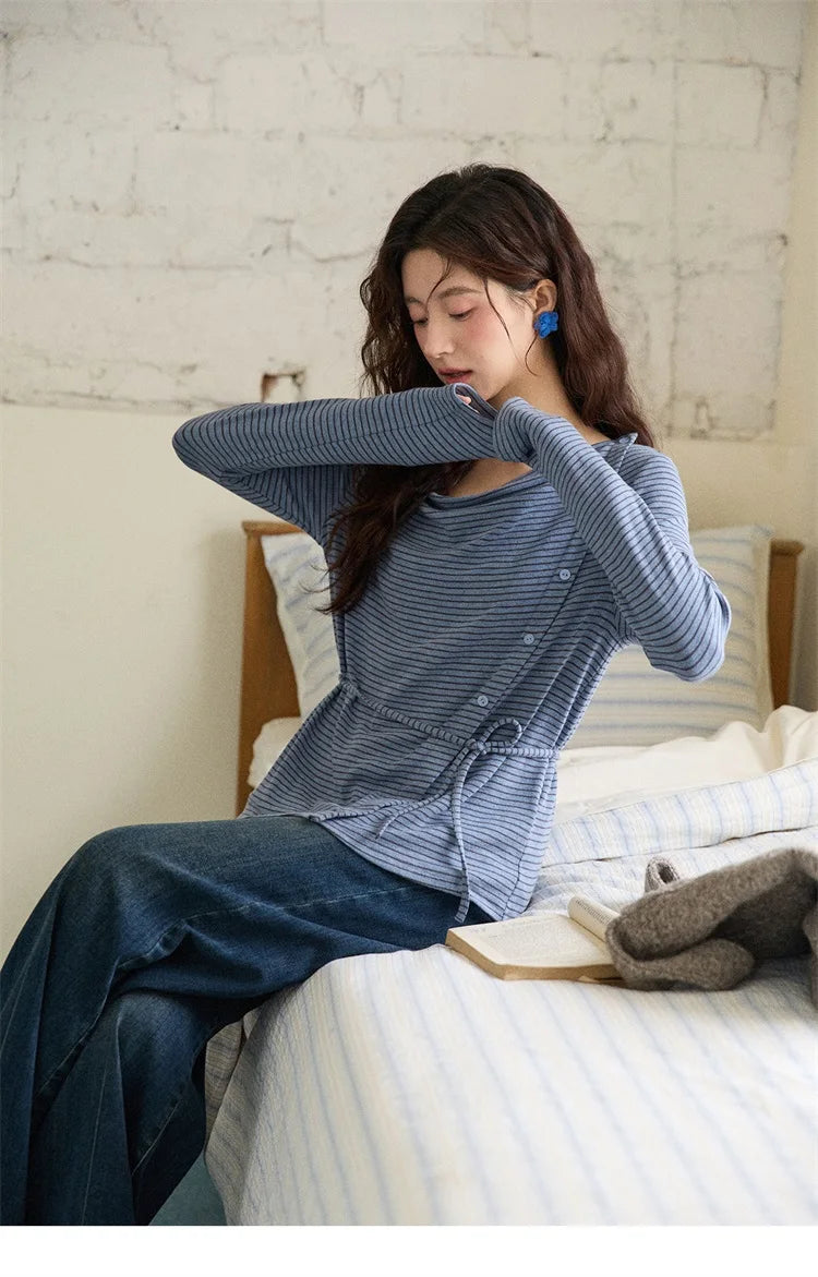 Mishow Retro Crew Neck Tie-Up Striped Top MXE87Z2700