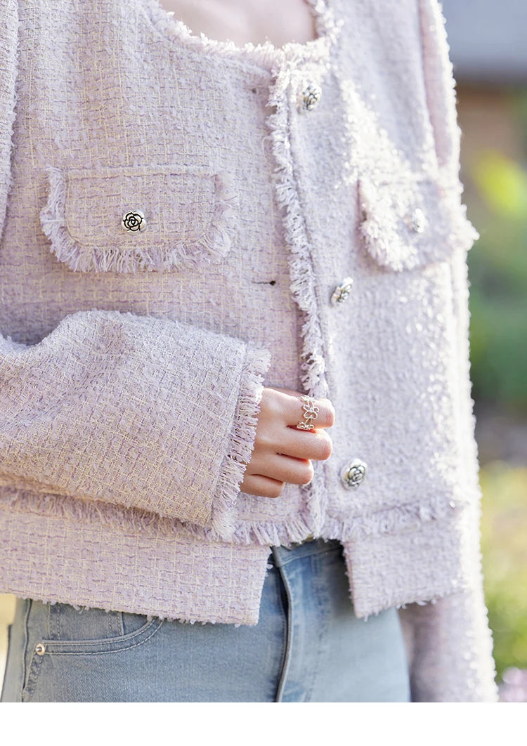 MISHOW Tassel Fragrant Coat for Women 2025 Spring Rose Buckle Weave Short Coats Elegant Square Neck Straight Coats MXE13W0733