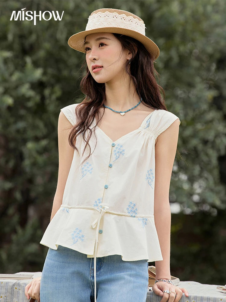 MISHOW Print Sleeveless V-Neck Blouse Blue Flower Cotton MXE32X1777