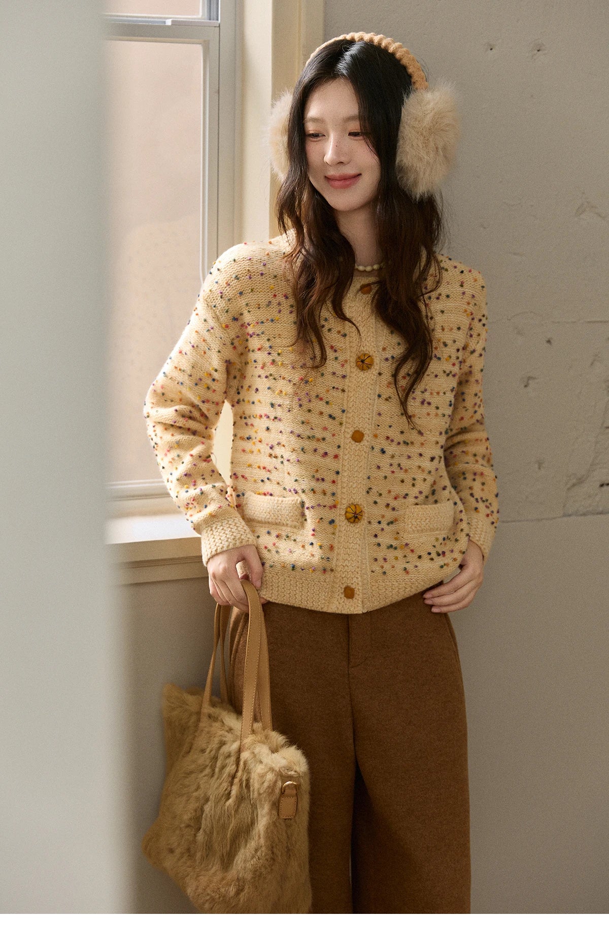 MISHOW Colorful Yellow Sweater Cardigan for Women Winter 2025 Arctic Fleece Retro Round Neck Warm Thick Knit Sweaters MXE91Z2778