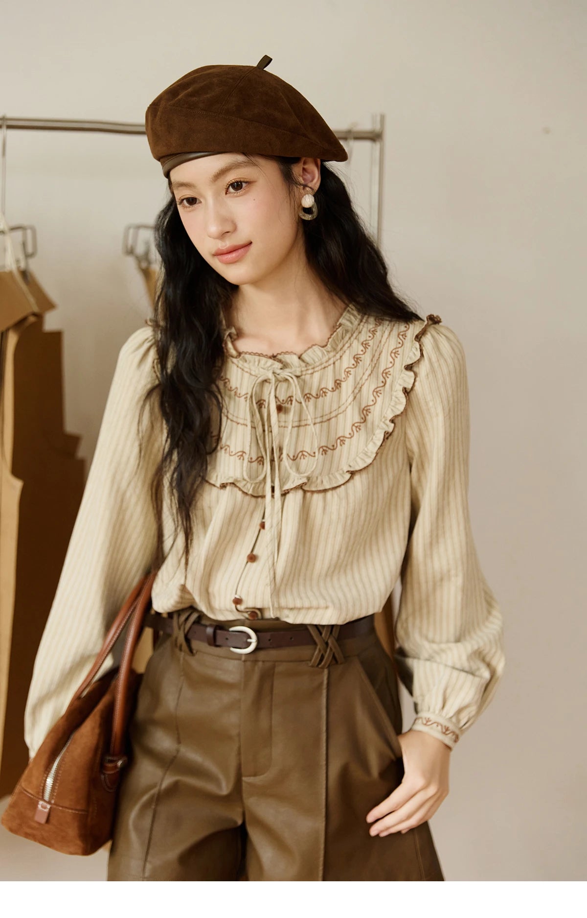 MISHOW Striped Shirt for Woman 2025 New Retro Wood Ear Edge Round Neck Embroidery Top Korean Popular Clothes Autumn MXE46X2492