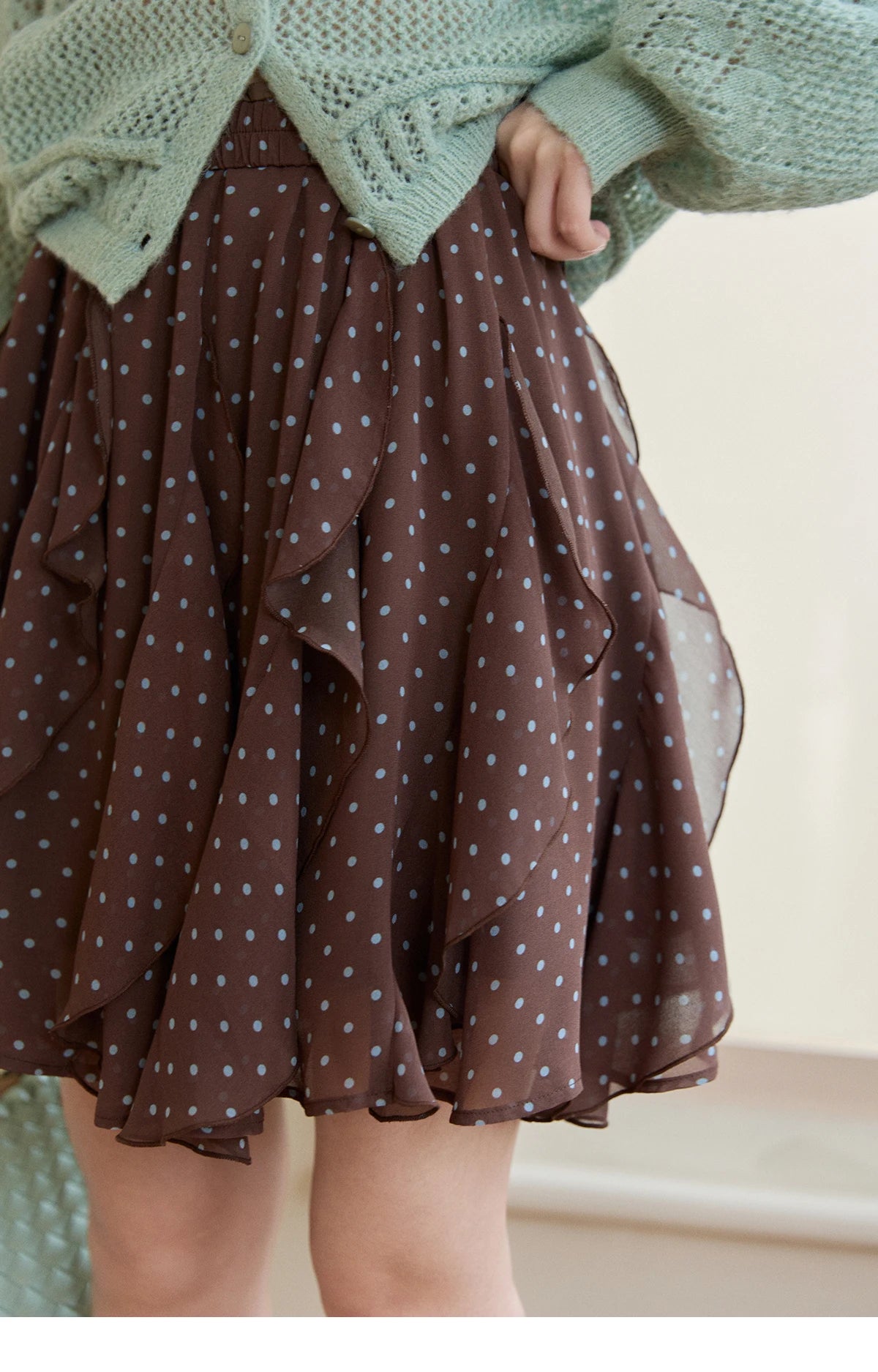 MISHOW Women's Brown Polka Dot Skirt Spring Irregular Ruffled Chiffon Elastic Waist Skirts Casual A-line Mini Skirt MXF13B2476