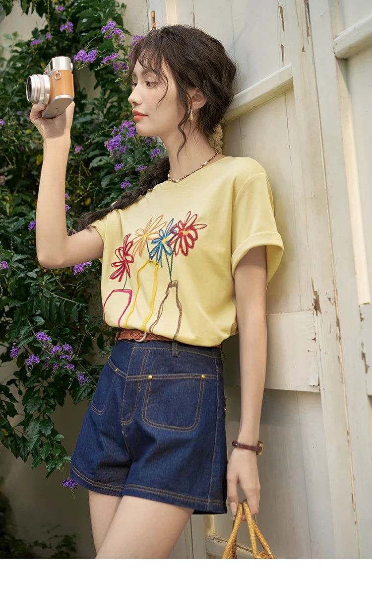 MISHOW 100 Cotton Pocket Embroidered Flower Denim Shorts for Women 2024 Summer Dark Blue Loose Casual Wide Leg Pants MXD26K0707