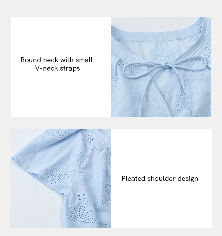 MISHOW Cotton Shirt O-Neck Button Lace Up Hollow Embroidery MXE37X1890
