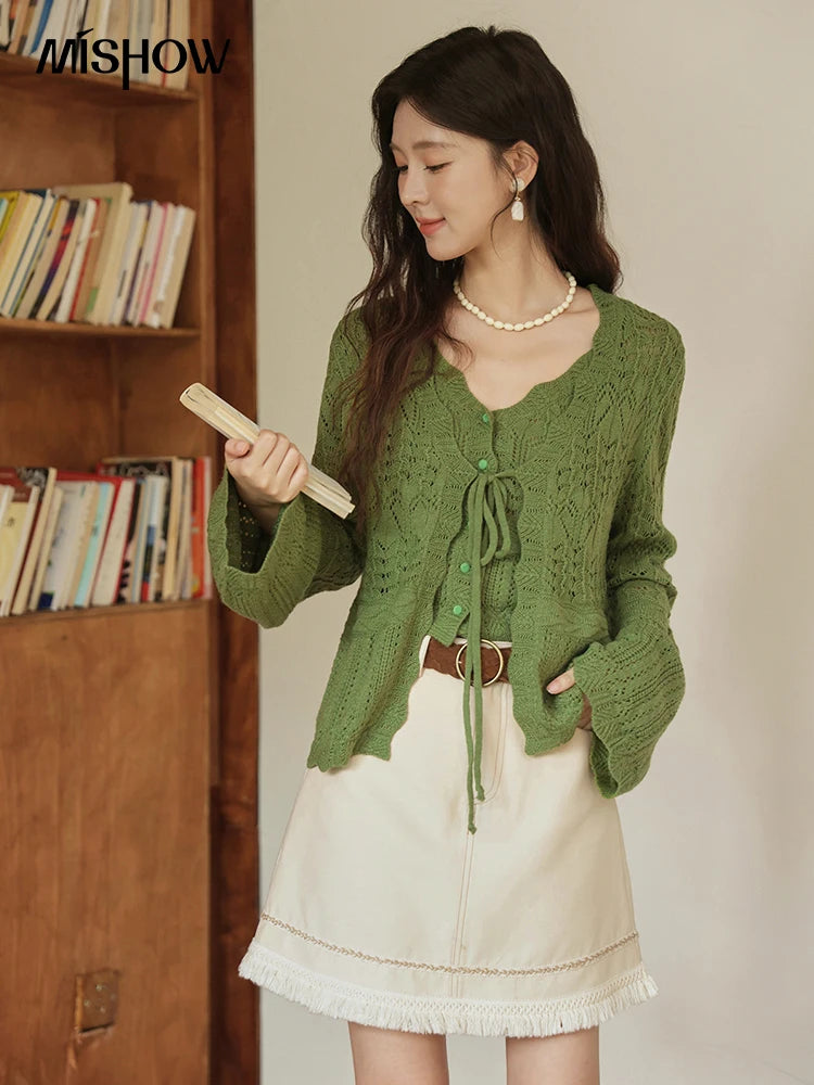 MISHOW Women's Wool Knitted Suit Autumn 2025 Flared Sleeves Lace-up Cardigan Single-breasted Camisole Two-piece Set MXE42T0717