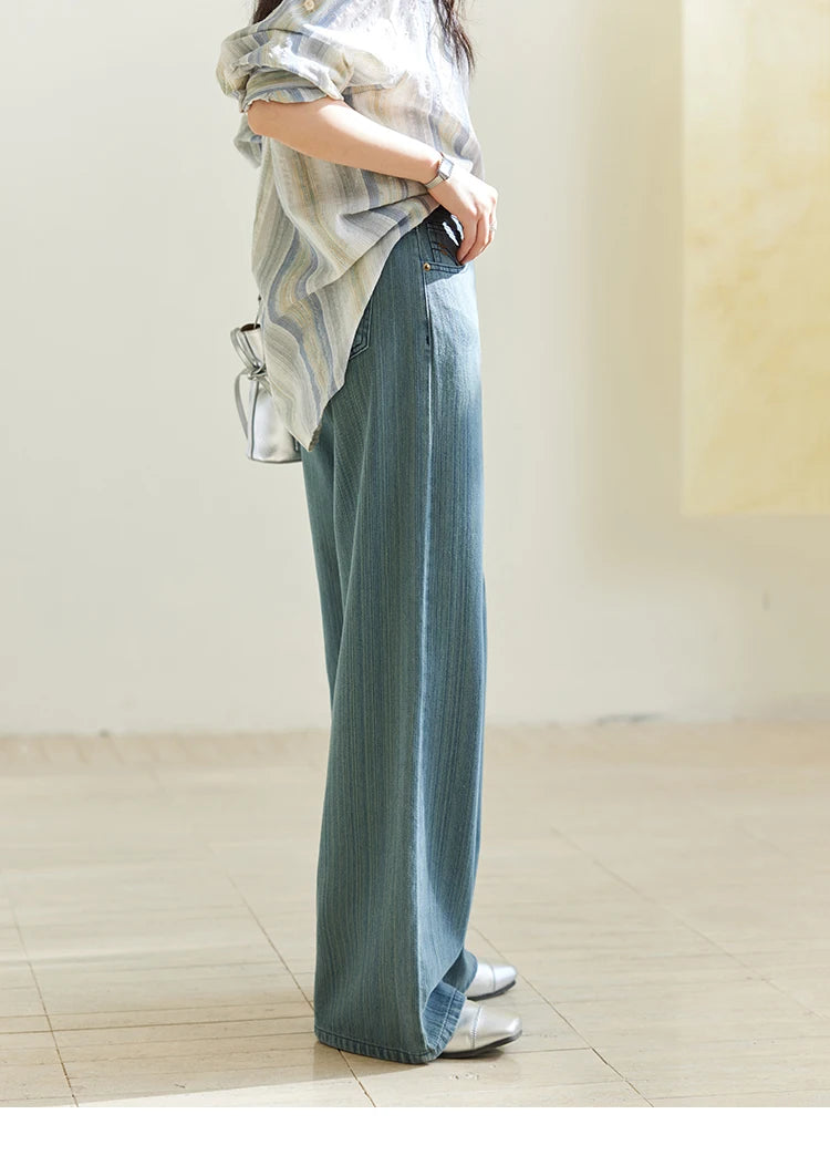 MISHOW Versatile Denim Straight Leg Pants for Women Spring 2025 Embroidery Pockets Commuting Loose Denim Trousers MXE14K0870