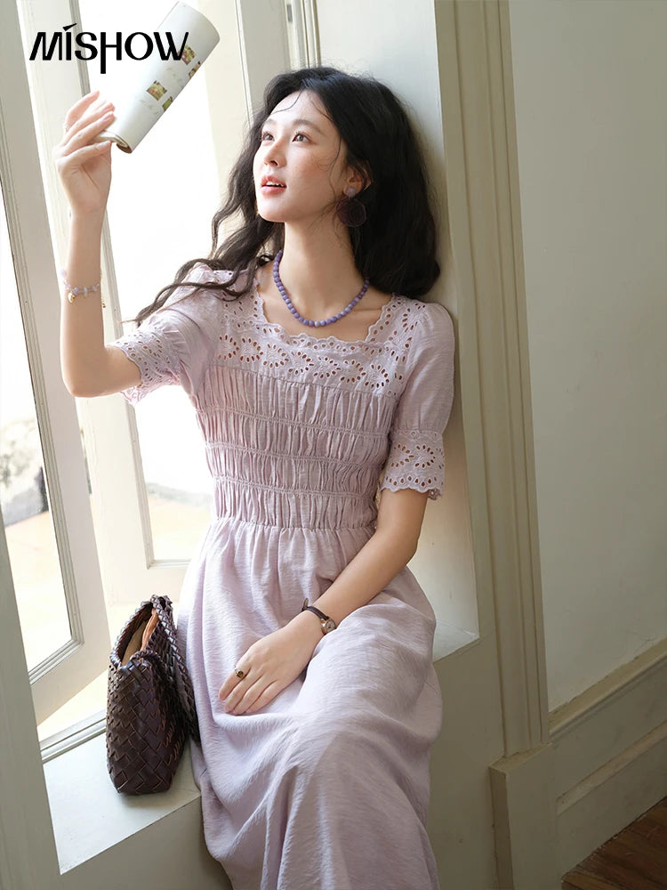 MISHOW Puff Sleeve Dress for Women 2025 Summer New Square Neck Fashion Lace Hollow Purple Dresses Female Clothing MXE39L2406