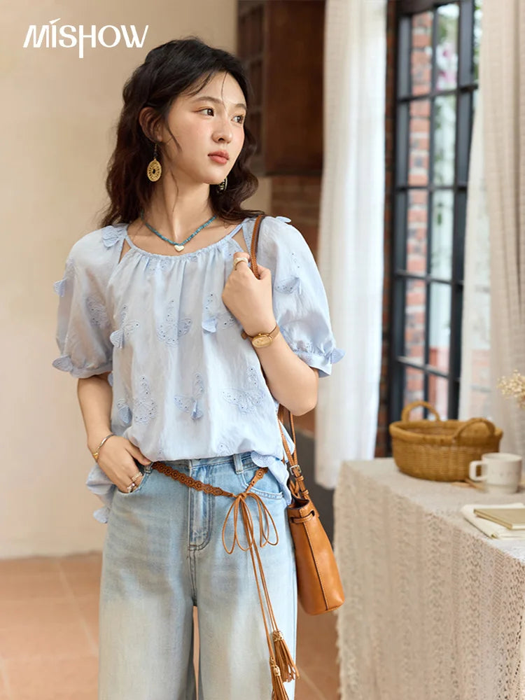 MISHOW Women's Butterfly Embroidery Blouse 2025 Summer New Fashion Hollow Out O-Neck Casual Top Female Clothing MXE36X1878