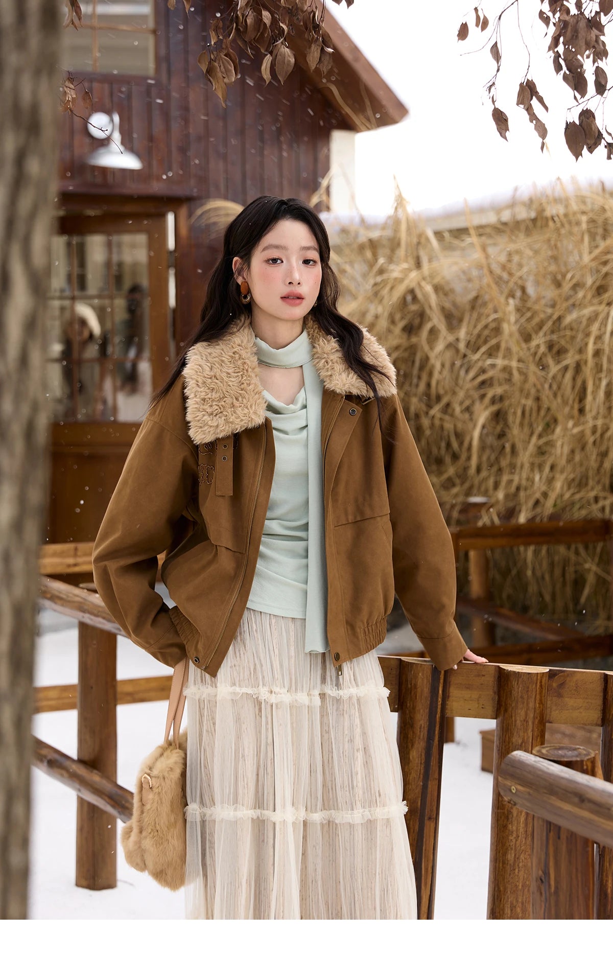 MISHOW Brown Suede Jacket for Women 2025 Winter New Detachable Fur Collar Coat commute Long Sleeve Zipper Jacket MXE51W0876