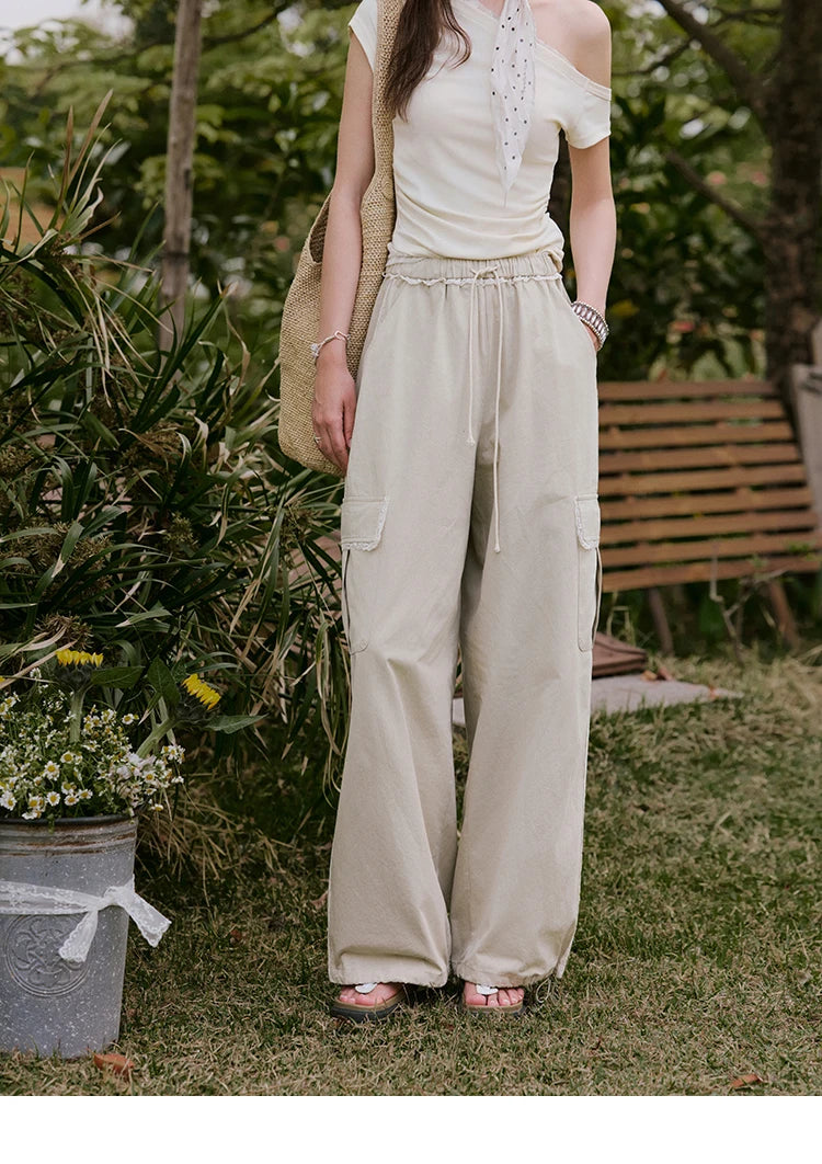 MISHOW Apricot Cargo Pants for Women in Summer 2025 Lace Patchwork Casual Pants Drawstring Elastic Waisted Trousers MXE33K0935