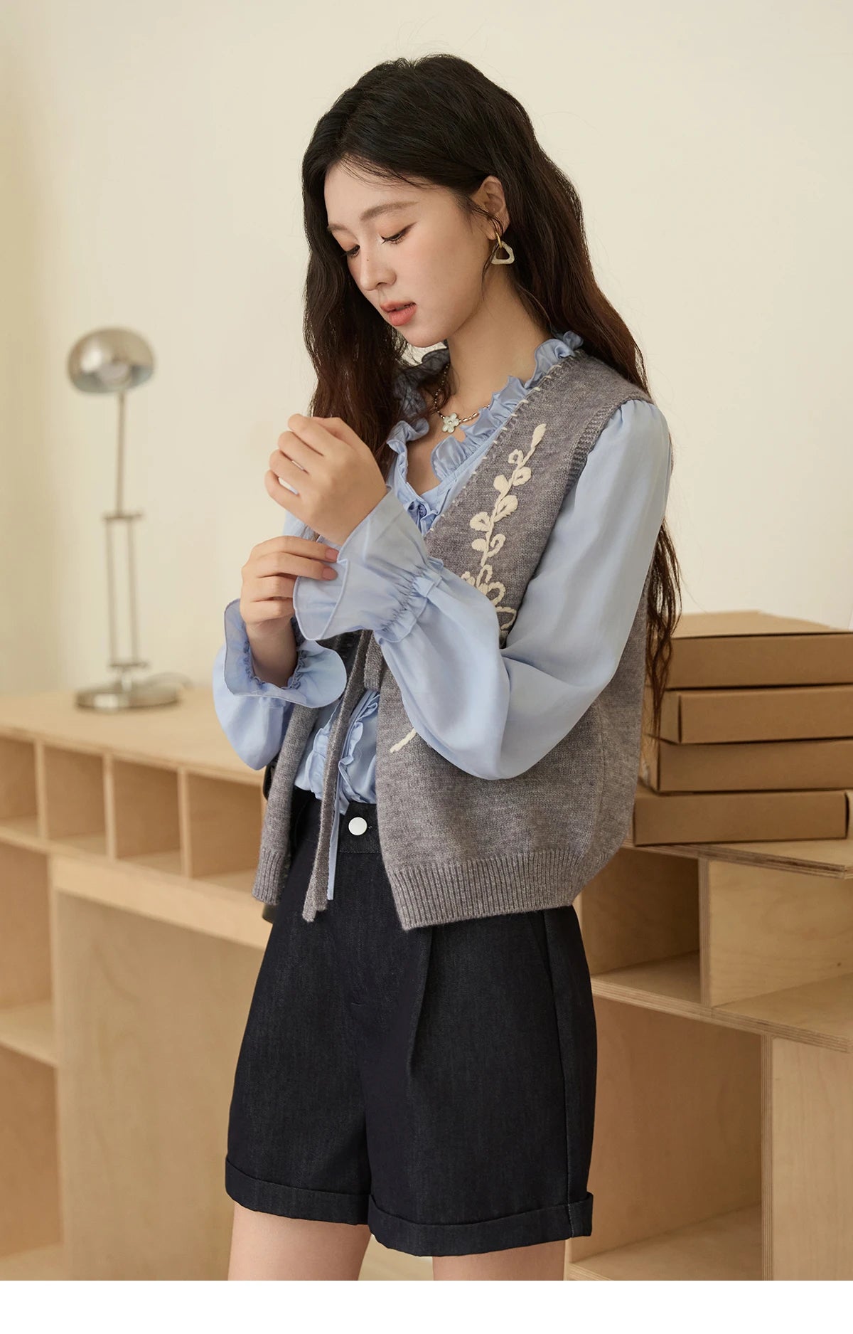 MISHOW 100% Lyocell Women's Blue Shirt 2025 Autumn French Ruffles Long Sleeves Ties Blouse Office Lady Elegant Top MXE45X2484