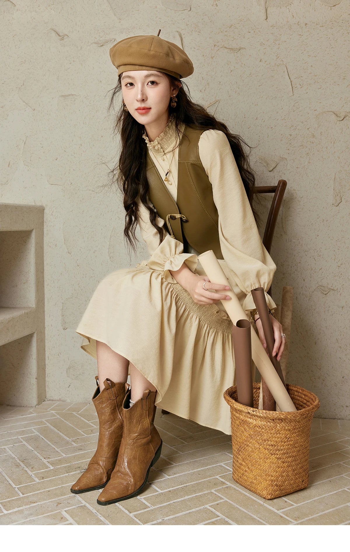 MISHOW French Stand Neck Elasticity Dress 2024 Autumn Waist Elegant A-line Dresses Elastic Lotus Leaf Sleeves Dress MPD42L2036