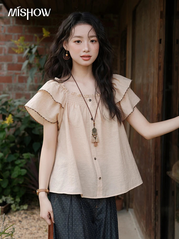 MISHOW Women's Fashion Butterfly Sleeve Blouse Summer 2025 New Loose Casual Square Neck Button Top Women's Clothing MXE37X1854