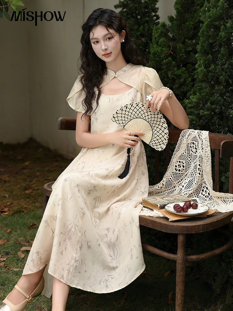 MISHOW Chinese Improved Cheongsam Floral Dress for Women 2024 Summer Hollow Out Fake Two-piece Printed Chiffon Dress MXD23L1799