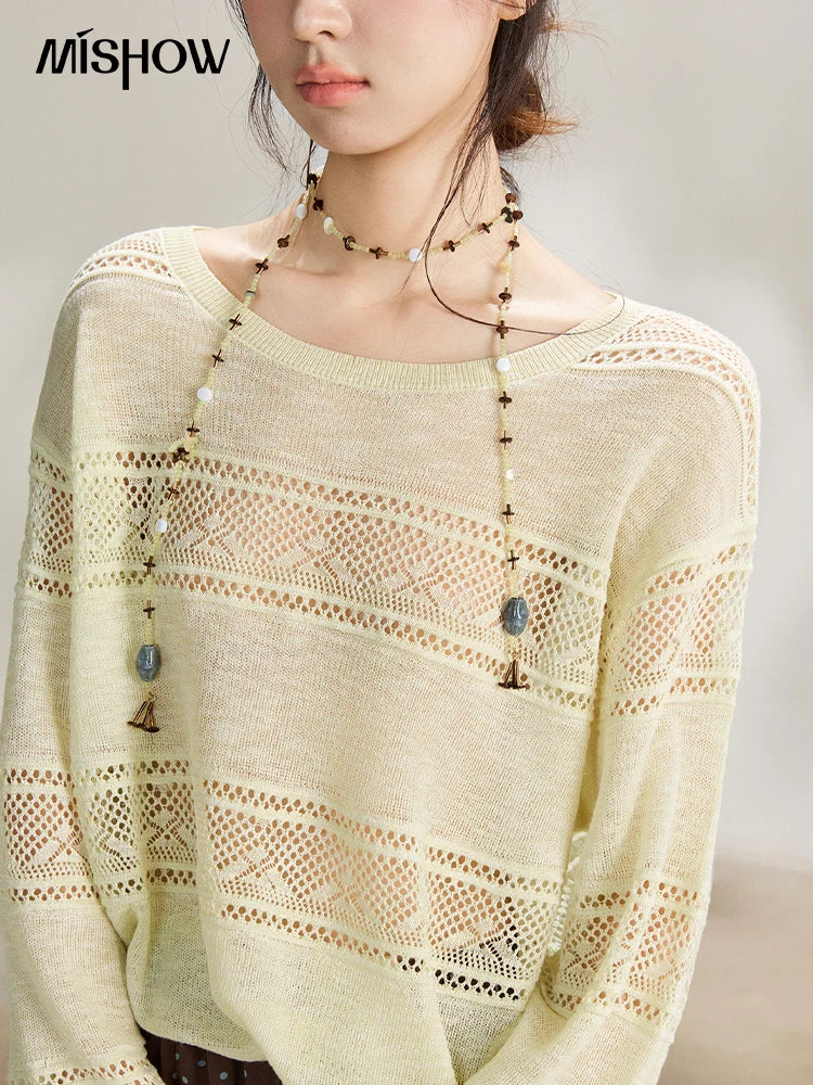 MISHOW Women's Pale Yellow Knit Top 2026 Spring Crew Neck Hollow Out Striped thin tops Casual Loose Sheer Sweater MXF13Z3020