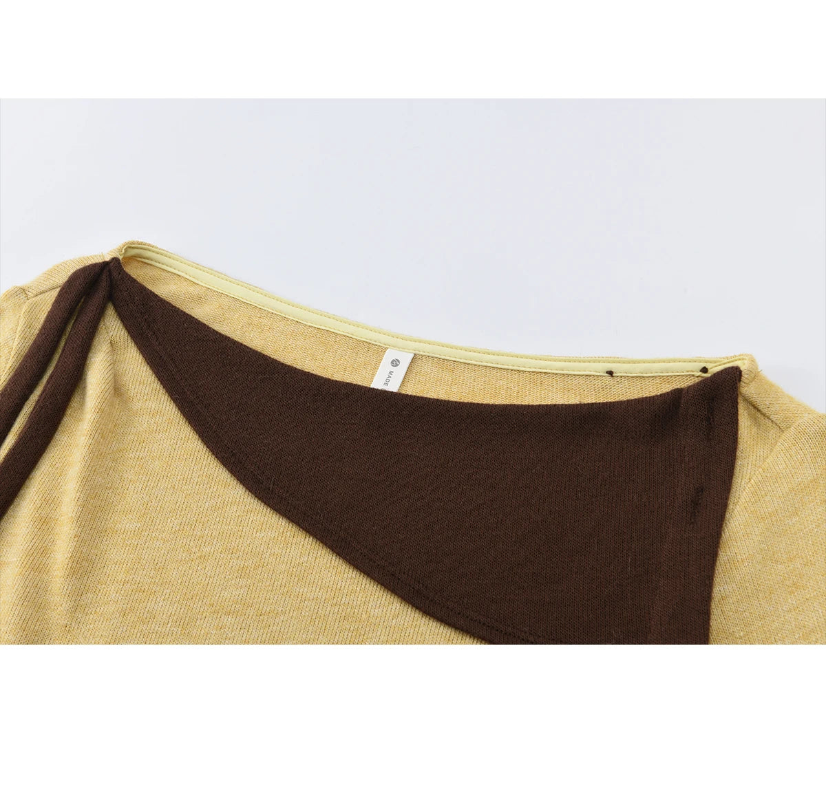 MISHOW Women's Yellow Brown Irregular Top 2026 Spring Contrast Color Oblique Collar Long Sleeve Casual Knitted Tops MXF11Z2911