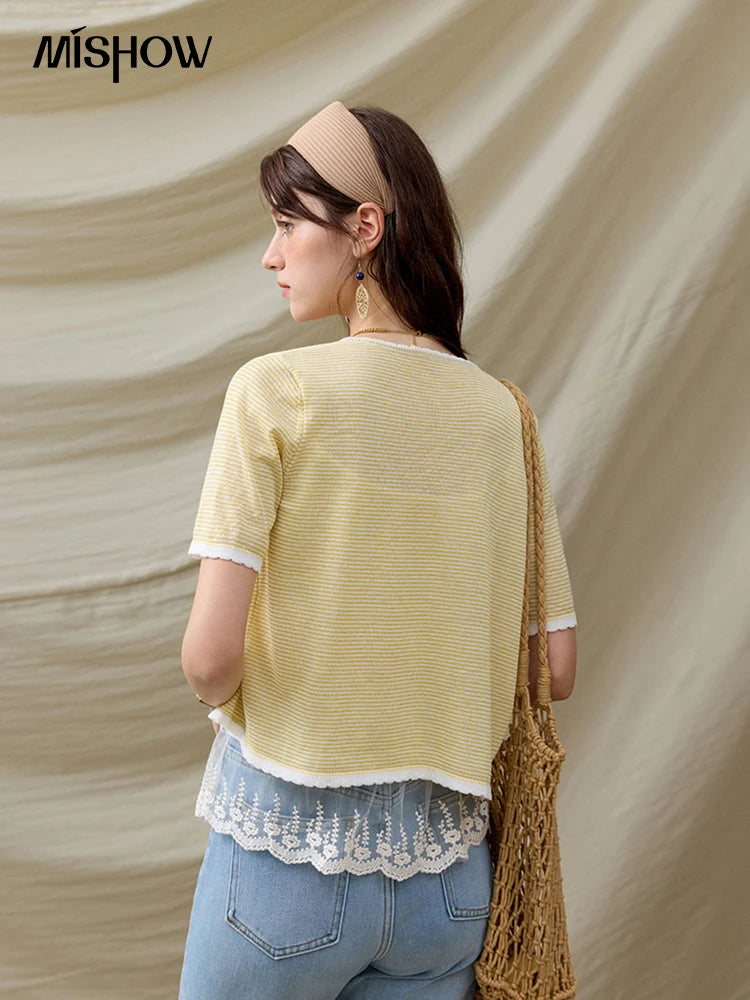 MISHOW Summer Camisole Cardigan Sets for Women 2025 Short Sleeve Round Neck Hem Lace Knitted Tops Female Fashion MXE33T0582
