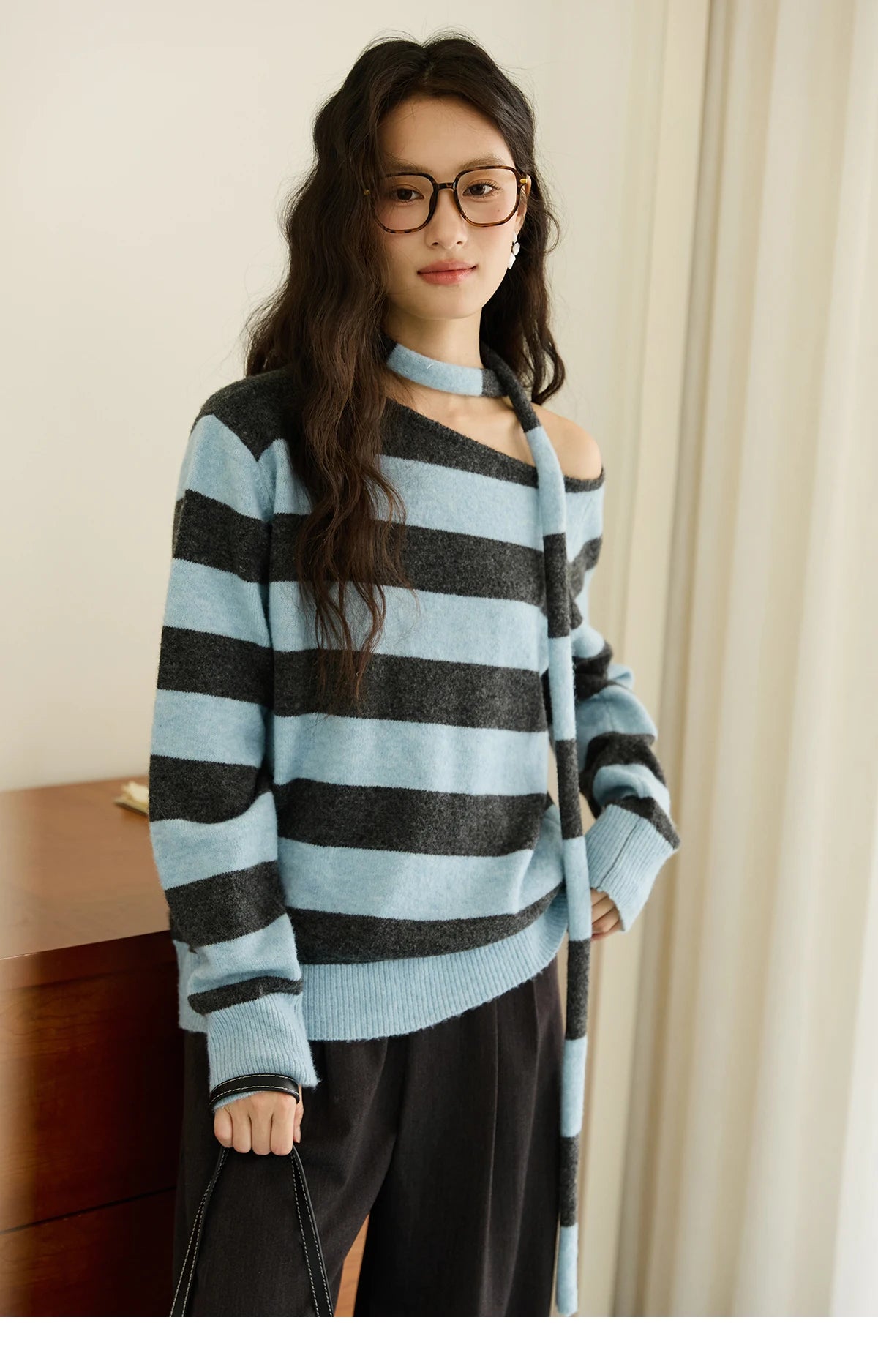 MISHOW Blue Gray Stripe Knitted Top 2025 Autumn Slanted Shoulder Collar Sweaters with Ribbon Loose Wool Blend Sweater MXE46Z2540