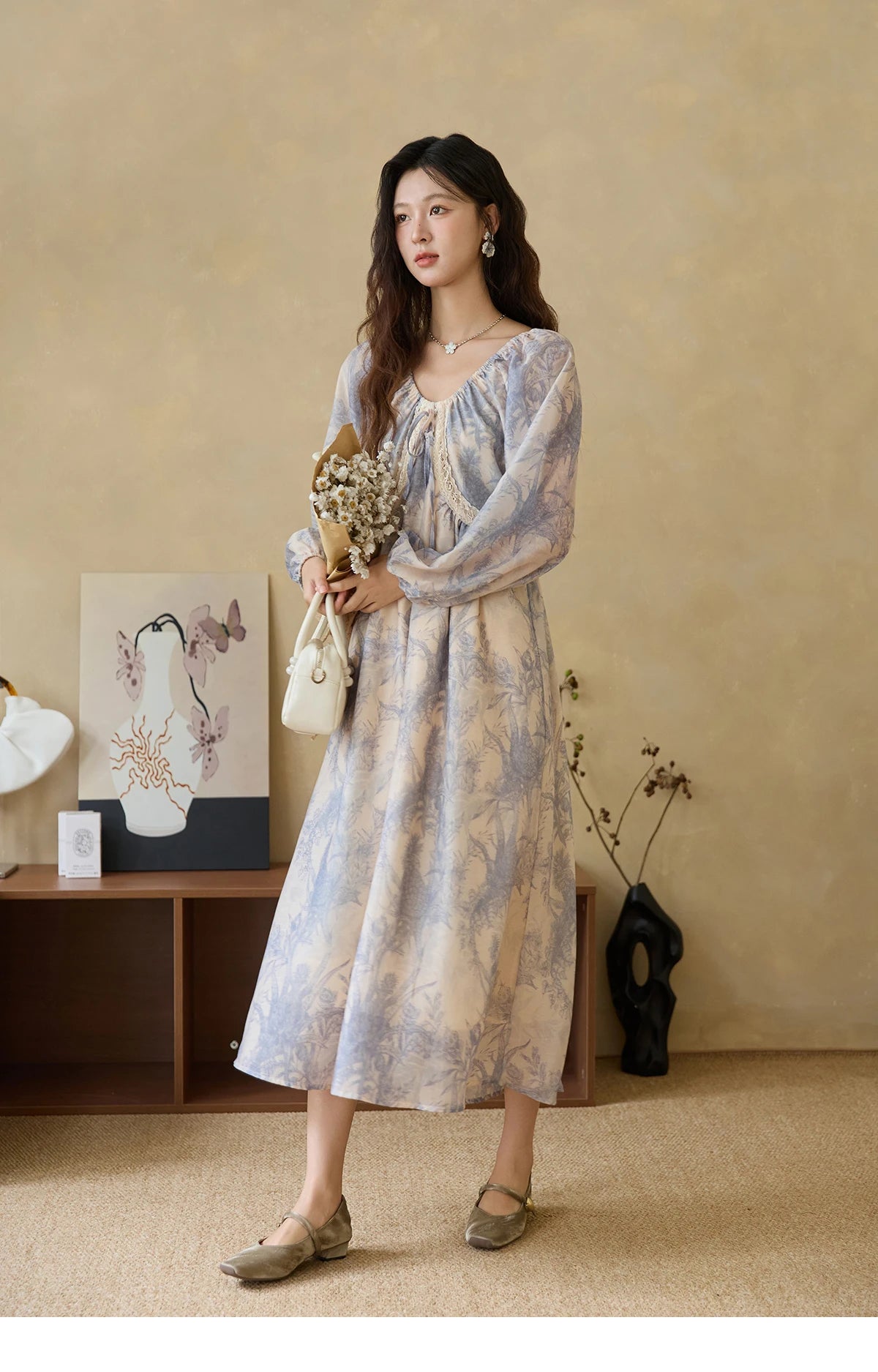 MISHOW Woman Elegant Dress 2025 Autumn Romantic Blue Floral Dress Lace Panel Drawstring A-line Long Dress Autumn MXE45L2507