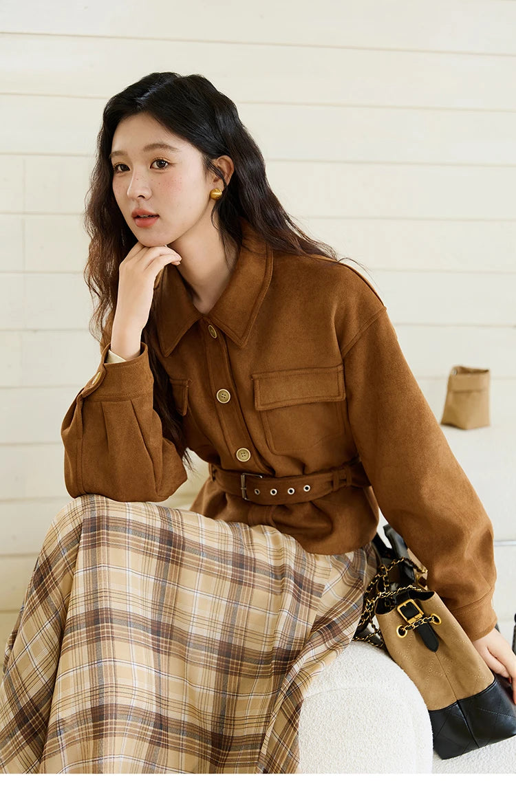 MISHOW Short Jacket for Women 2025 Autumn New Brown Lapel Metal Button Decorated Jacket Windproof Commuter Outerwear MXE46W0864