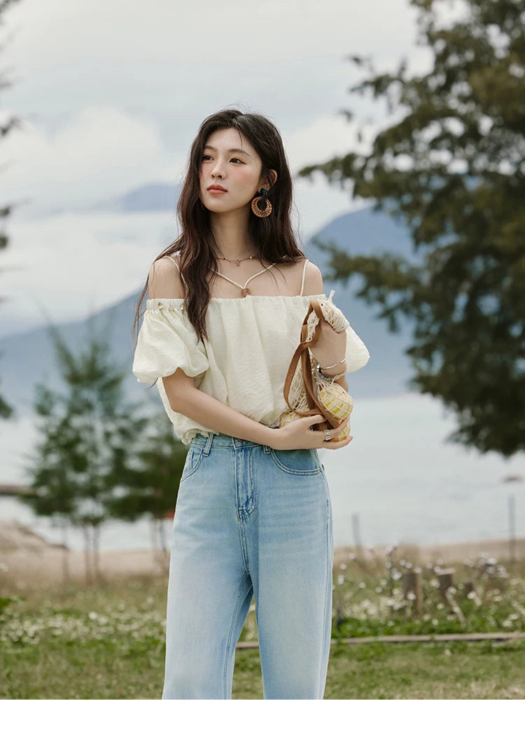 MISHOW French Summer Camisole Shirt Female 2025 New Solid Off-shoulder Short Sleeve Lace Tops Fashion Gentle Blouses MXE33X1755