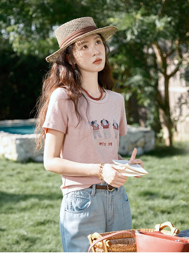 MISHOW Short Sleeve Little Bear Print T-shirt for Women 2025 Summer New O-Neck Embroidery Top Versatile Loose Tee MXE39T0699