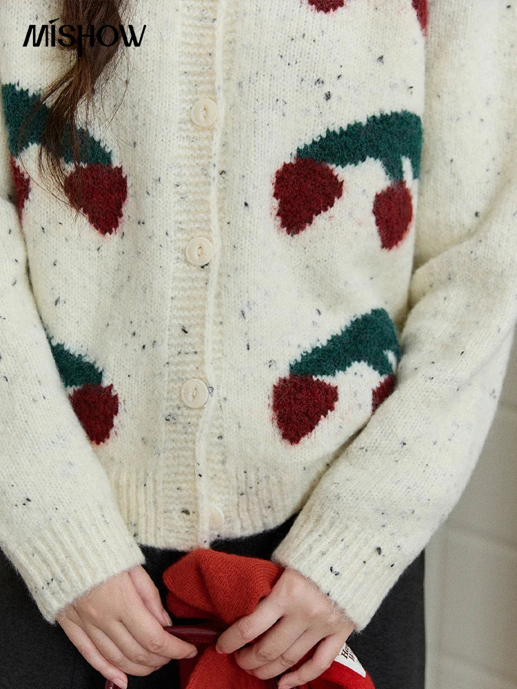 MISHOW Women's Cherry Jacquard Flecked Cardigan 2025 Autumn Winter Korean Drop Shoulder Tops Loose Crew Neck Knitwear MXE91Z2837