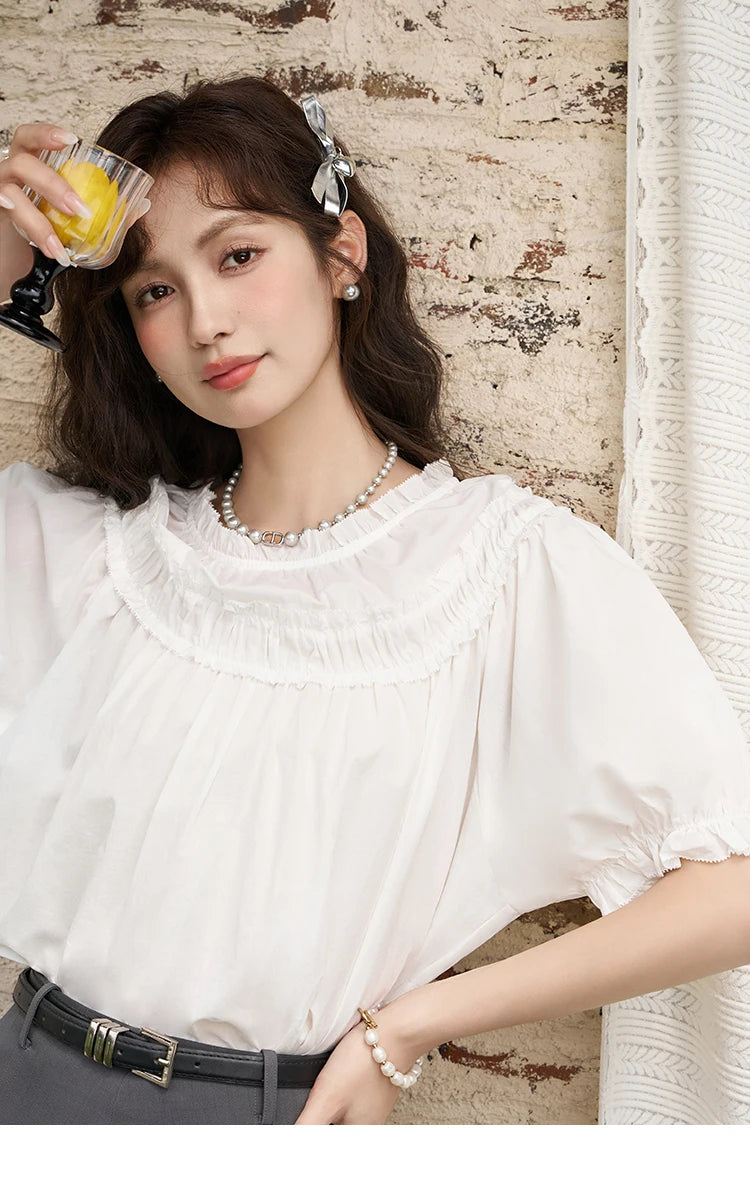 MISHOW French Cotton Bubble Sleeve Blouse Lace Collar MXD23X1500