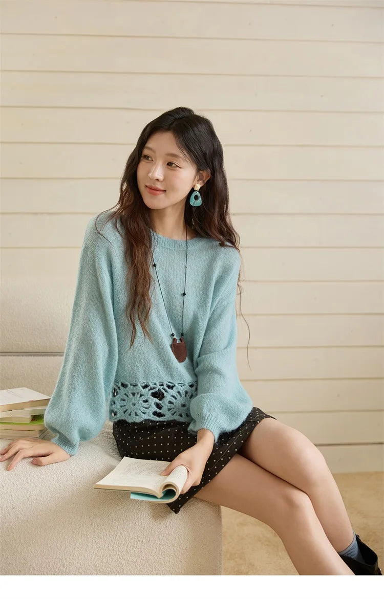 MISHOW Woman Sweaters 2025 Elegant French Hollow Out Floral Sweater Loose O-neck Long Sleeves Knit Top Autumn Clothes MXE44Z2491