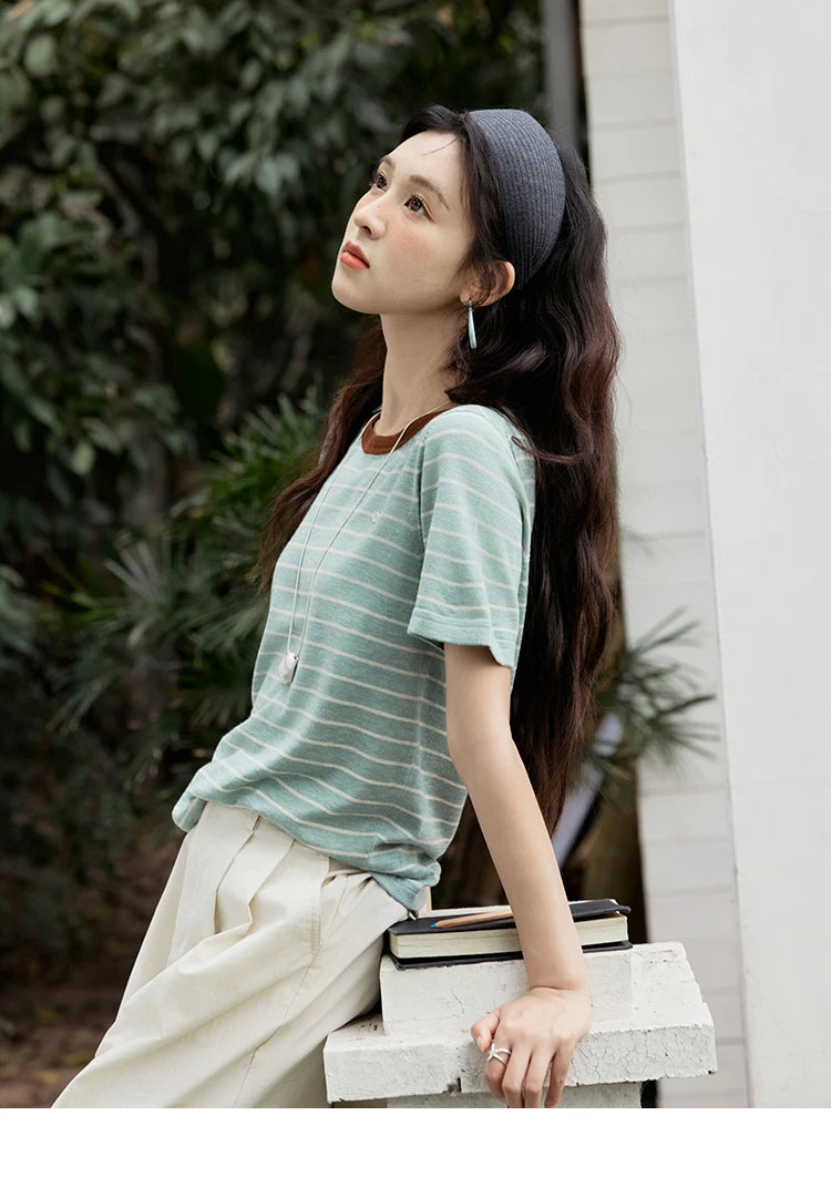 MISHOW Striped Knitted T-shirt for Women Summer 2025 Color Contrasting Round Neck Tees Wool Blended Slim Casual Top MXE35Z1270