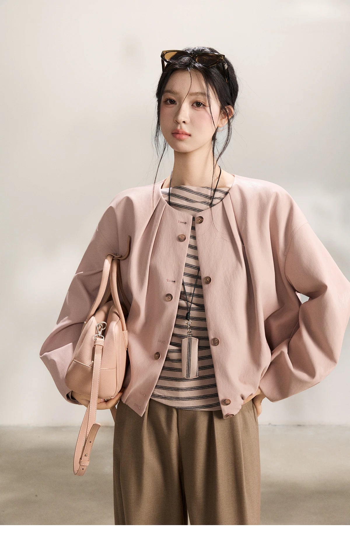 MISHOW Women's Pink Flower Bud Leather Jacket Spring 2026 Crew Neck Single-breasted Coats Casual Loose Cropped Coat MXF108W1001