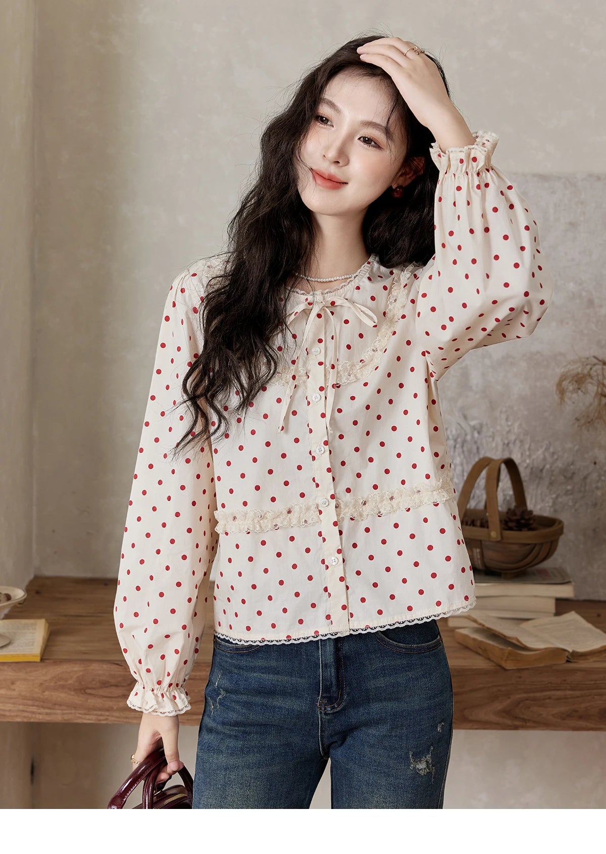 MISHOW Lace Up Polka Dot Round Neck Lace Shirt for Women Autumn 2024 Thin Sweets Shirt Elastic Petal Cuffs Chic Top MXD44X1667
