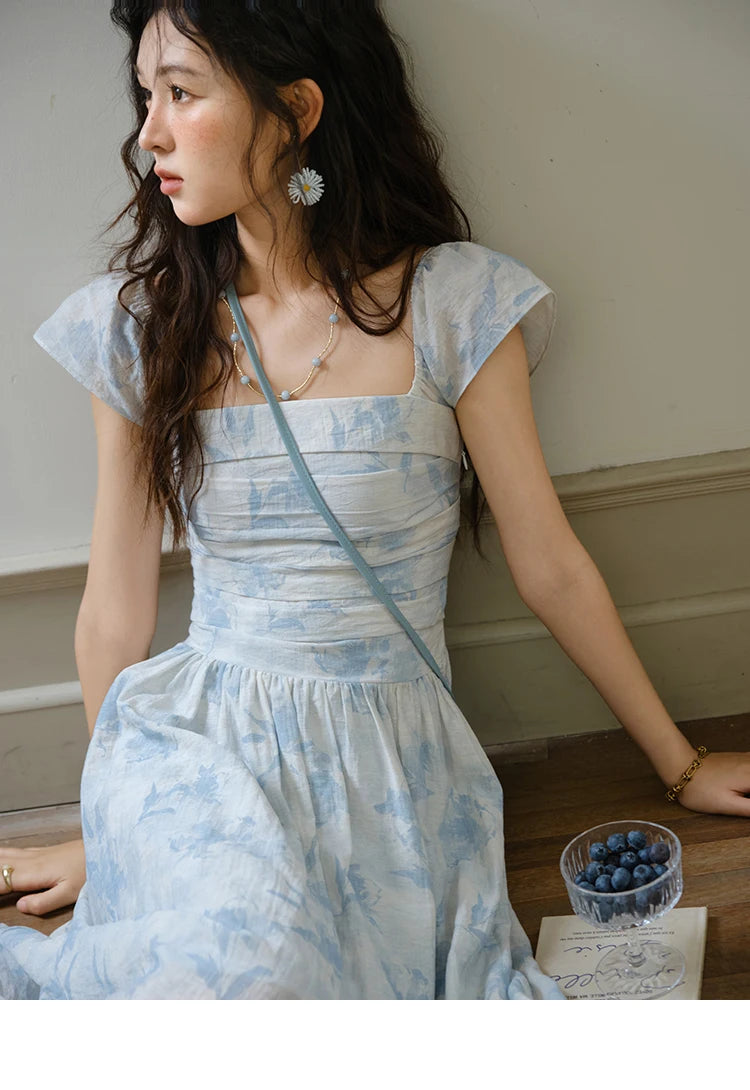 MISHOW Women's Fashion Print Dress 2025 Summer Square Neck Flying Sleeve Vacation High Waist Dresses Women's Clothing MXE35L2274