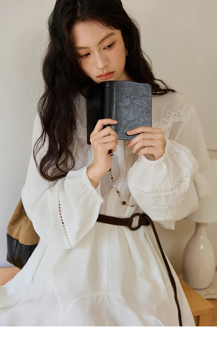 MISHOW Woman White Dress 2025 Autumn French Style O-neck Lace Ruffled Lantern Sleeves Dress Long Sleeves Party Dress MXE46L2519