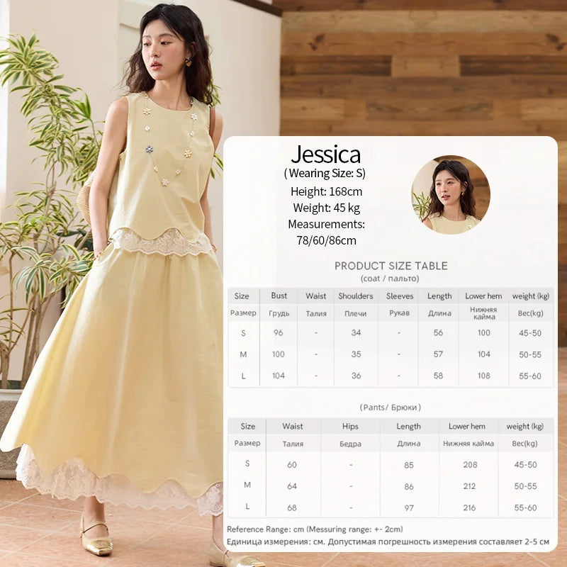 MISHOW Set 2 Piece 2025 Summer Women's O-Neck Lace Patchwork Sleeveless Top Elastic Waist Midi Skirt Elegnat Set MXE36T0641